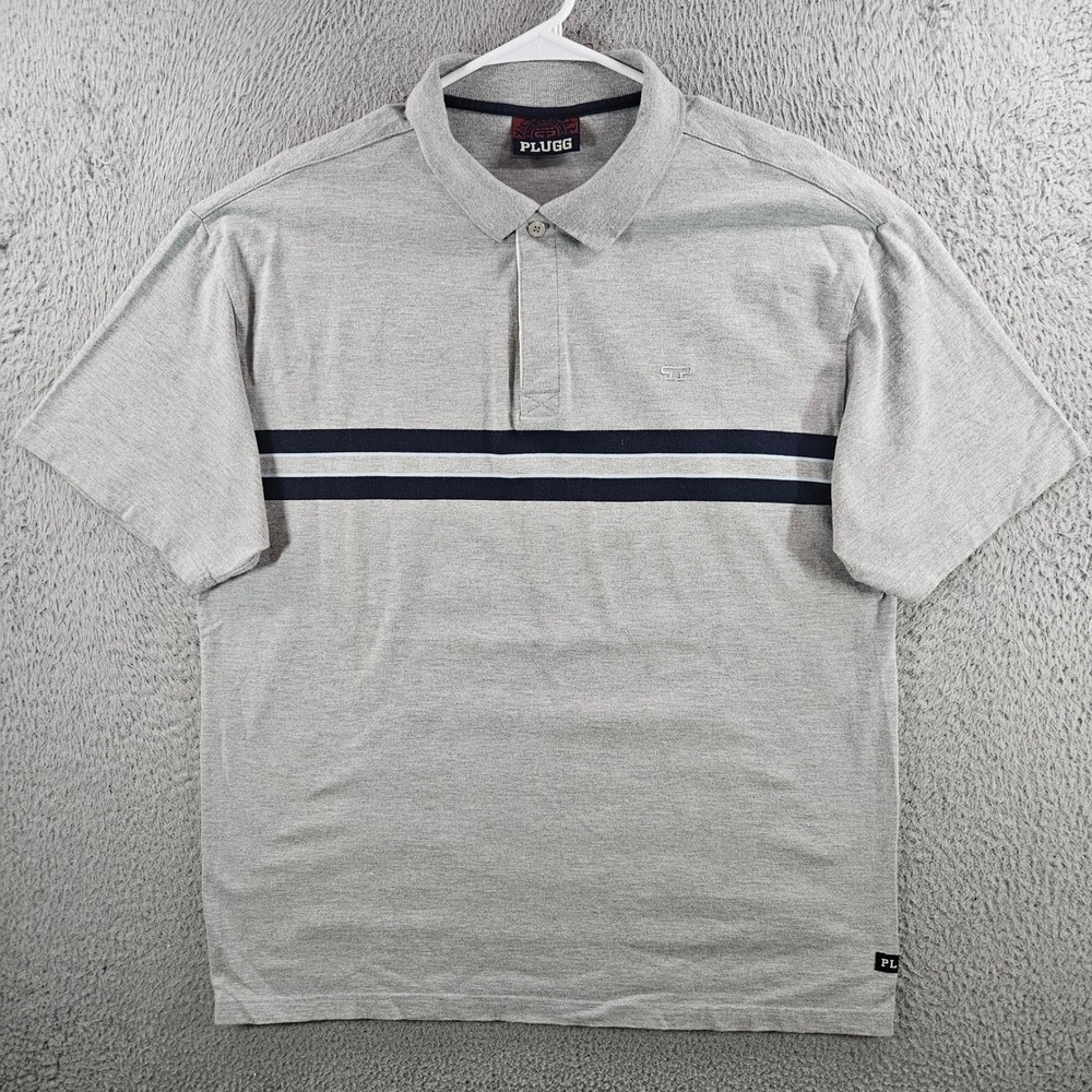VTG Plugg Mens Short Sleeve Polo Shirt Gray Navy Blue Stripe Casual Top Size XL